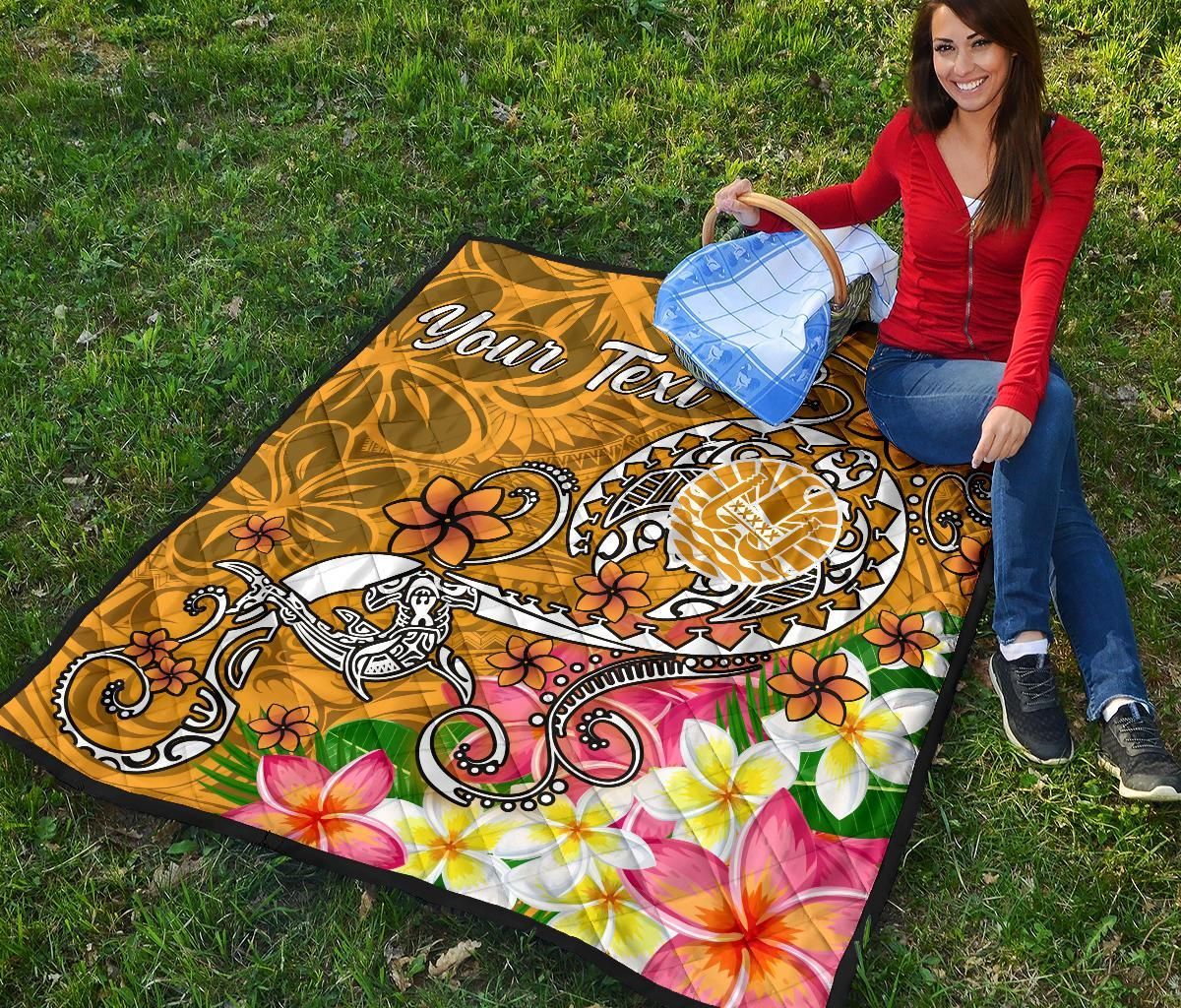 Tahiti Custom Personalised Premium Quilt - Turtle Plumeria (Gold)