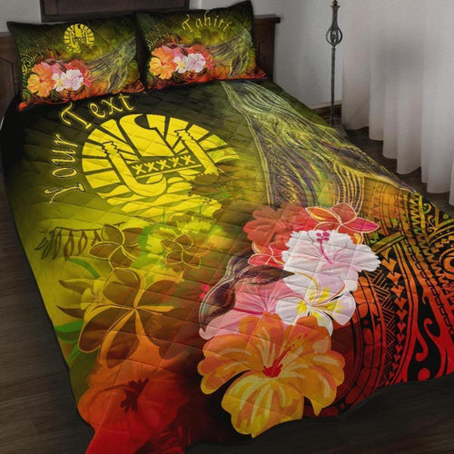 Tahiti Custom Personalised Quilt Bed Set - Humpback Whale with Tropical Flowers (Yellow)