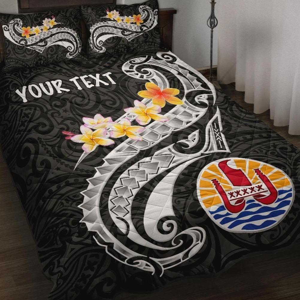 Tahiti Custom Personalised Quilt Bed Set - Tahiti Seal Polynesian Patterns Plumeria (Black)