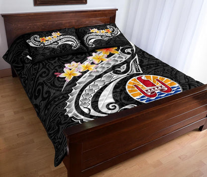 Tahiti Custom Personalised Quilt Bed Set - Tahiti Seal Polynesian Patterns Plumeria (Black)
