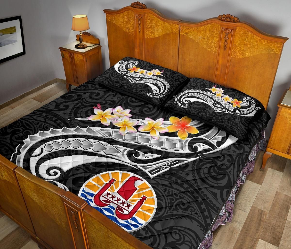 Tahiti Custom Personalised Quilt Bed Set - Tahiti Seal Polynesian Patterns Plumeria (Black)