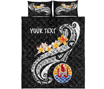 Tahiti Custom Personalised Quilt Bed Set - Tahiti Seal Polynesian Patterns Plumeria (Black)