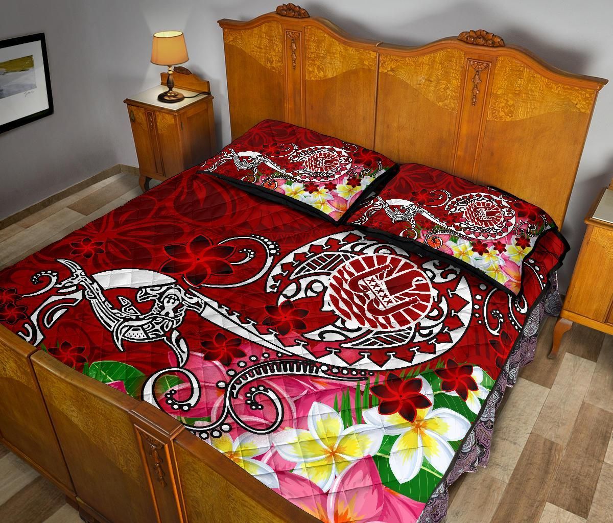 Tahiti Custom Personalised Quilt Bed Set - Turtle Plumeria (Red)
