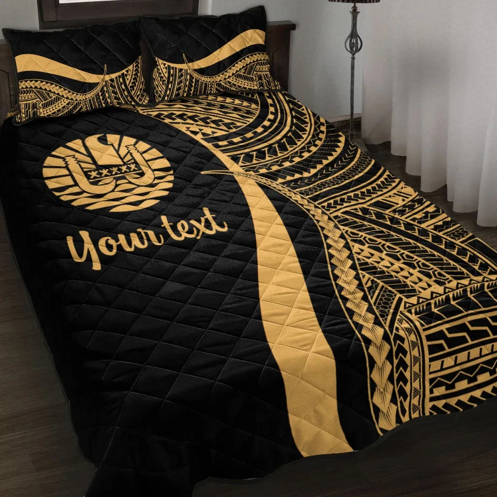 Tahiti Custom Personalised Quilt Bed Set - Gold Polynesian Tentacle Tribal Pattern