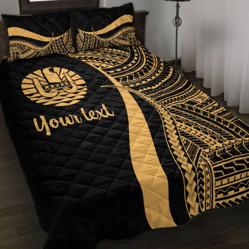 Tahiti Custom Personalised Quilt Bed Set - Gold Polynesian Tentacle Tribal Pattern