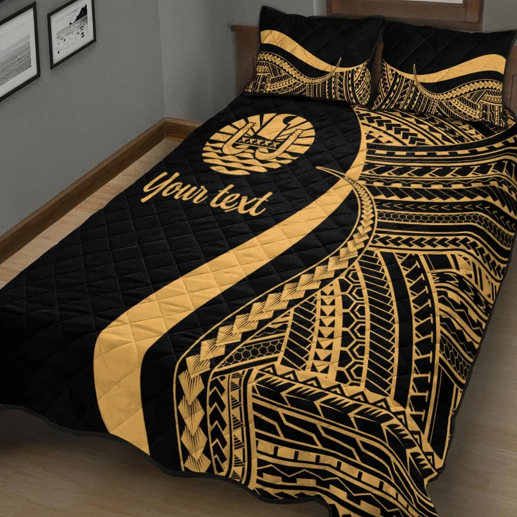 Tahiti Custom Personalised Quilt Bed Set - Gold Polynesian Tentacle Tribal Pattern
