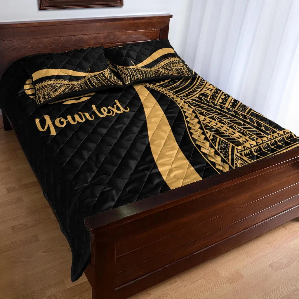 Tahiti Custom Personalised Quilt Bed Set - Gold Polynesian Tentacle Tribal Pattern