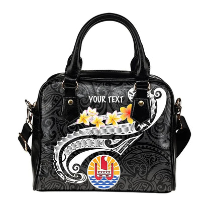 Tahiti Custom Personalised Shoulder Handbag - Tahiti Seal Polynesian Patterns Plumeria (Black)