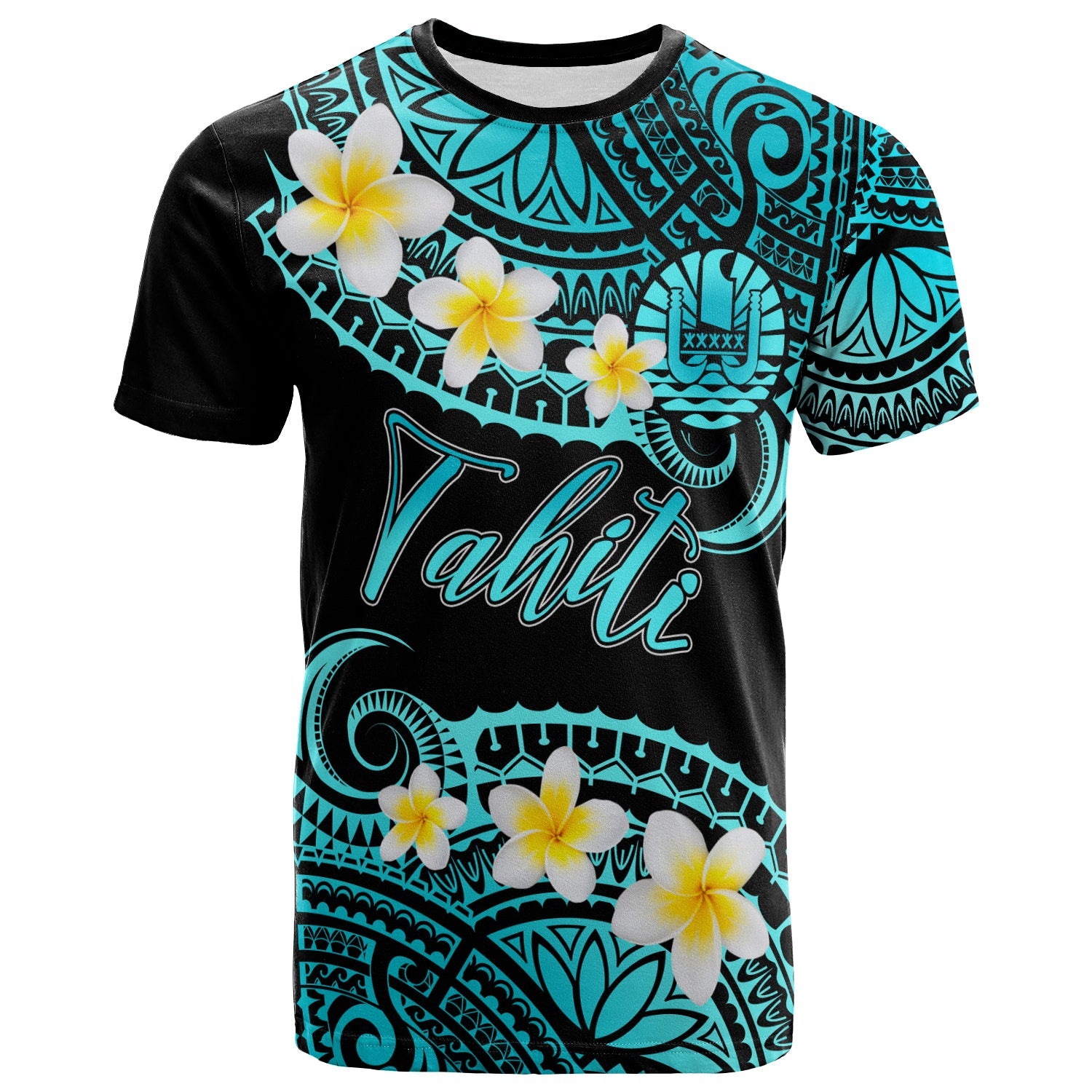 Tahiti Custom Personalised T-Shirt - Plumeria Polynesian Vibe Turquoise
