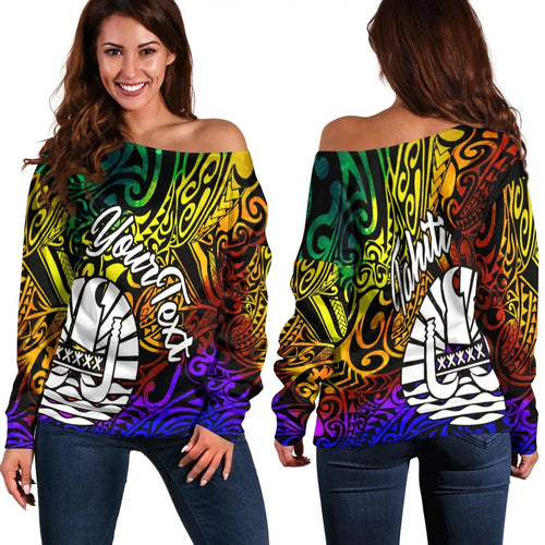 Tahiti Custom Personalised Women Off Shoulder Sweater - Rainbow Polynesian Pattern