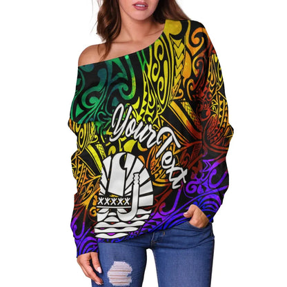 Tahiti Custom Personalised Women Off Shoulder Sweater - Rainbow Polynesian Pattern