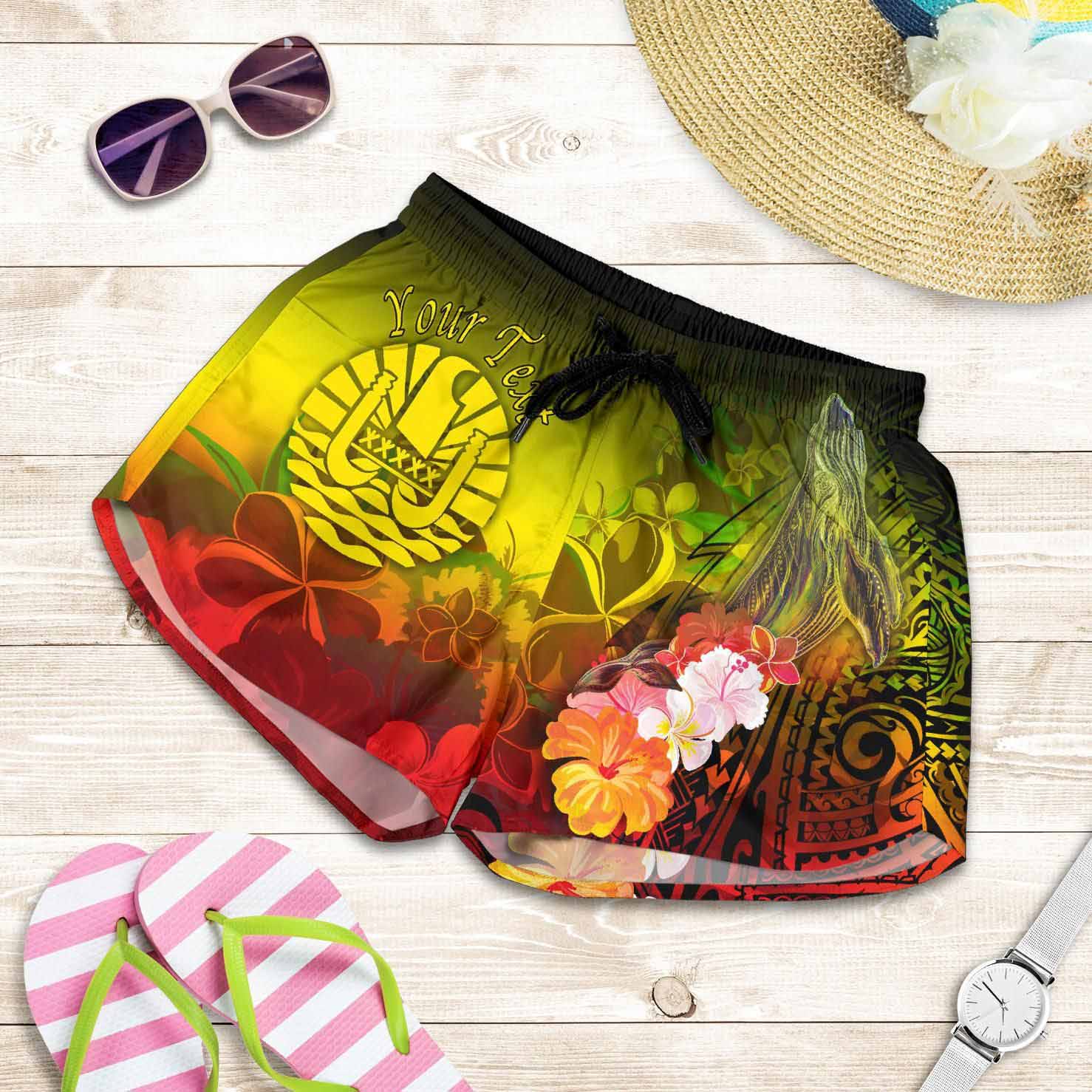 Tahiti Custom Personalised Women Shorts - Humpback Whale with Tropical Flowers (Yellow)