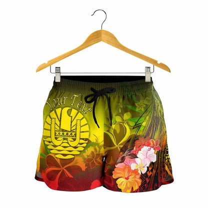 Tahiti Custom Personalised Women Shorts - Humpback Whale with Tropical Flowers (Yellow)