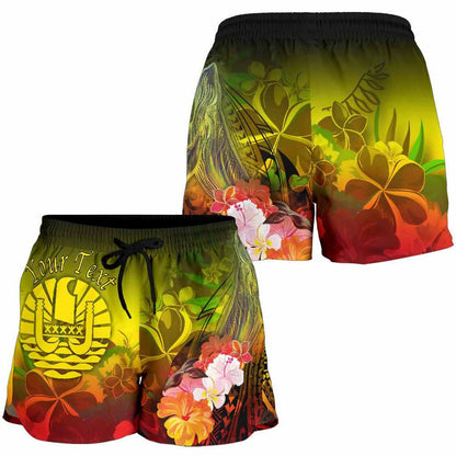 Tahiti Custom Personalised Women Shorts - Humpback Whale with Tropical Flowers (Yellow)