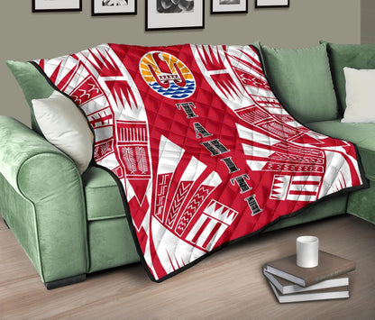 Tahiti Premium Quilt - Tahiti Flag Polynesian White Tattoo (Red)