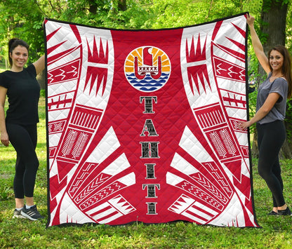Tahiti Premium Quilt - Tahiti Flag Polynesian White Tattoo (Red)