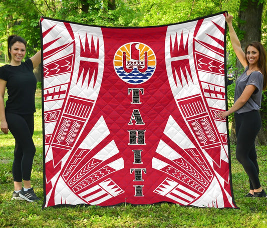 Tahiti Premium Quilt - Tahiti Flag Polynesian White Tattoo (Red)