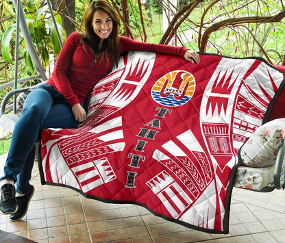 Tahiti Premium Quilt - Tahiti Flag Polynesian White Tattoo (Red)