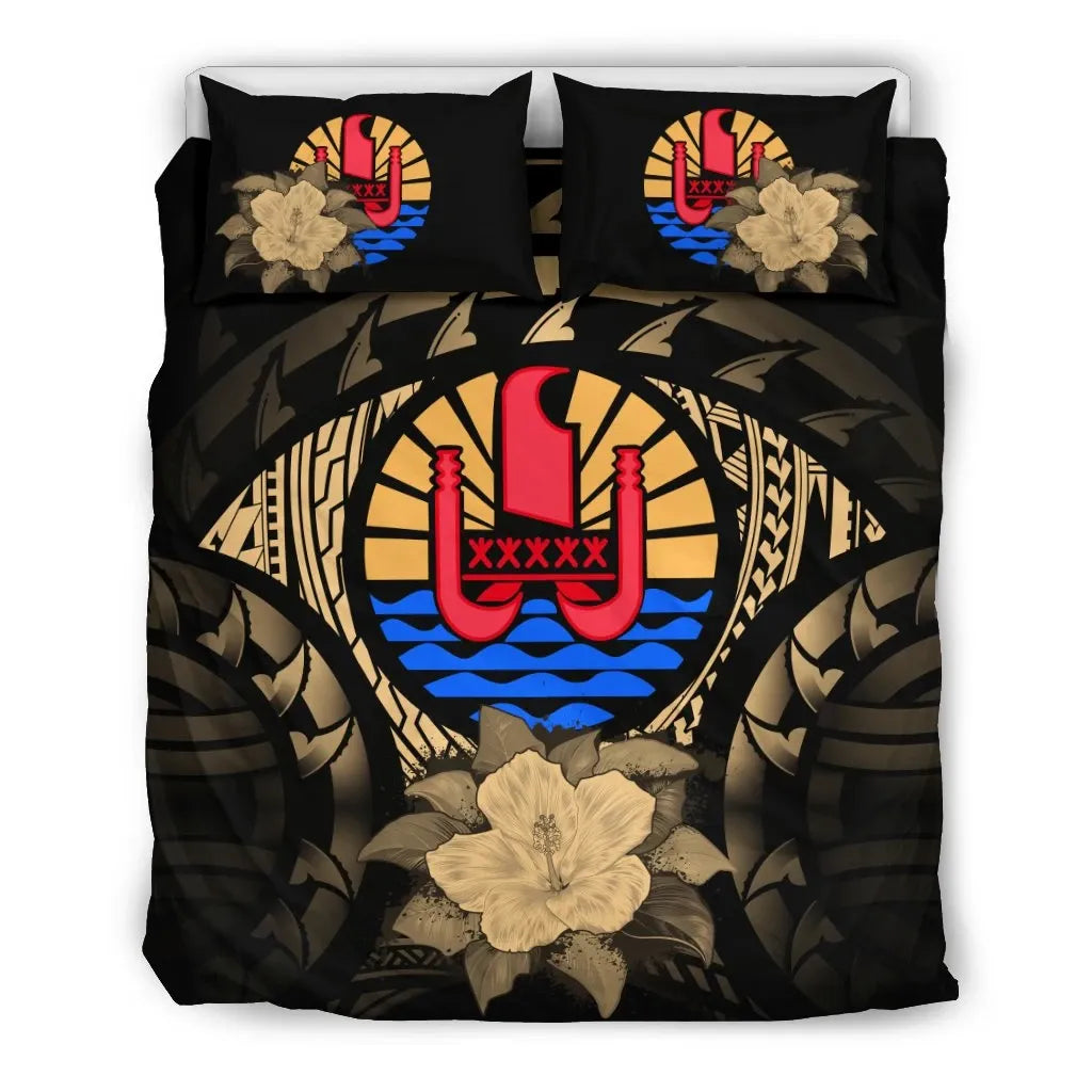 Tahiti Duvet Cover Set - Tahiti Flag & Gold Hibiscus