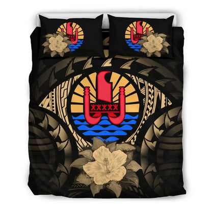 Tahiti Duvet Cover Set - Tahiti Flag & Gold Hibiscus
