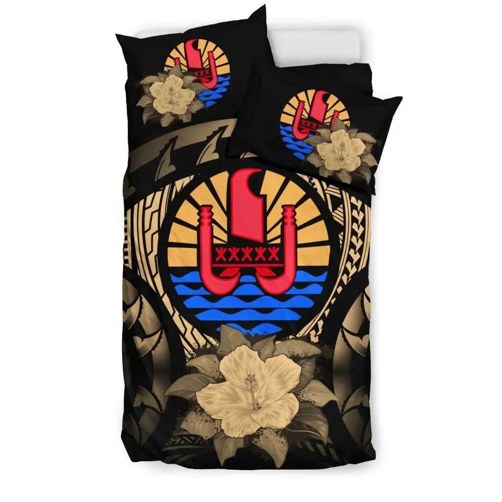 Tahiti Duvet Cover Set - Tahiti Flag & Gold Hibiscus