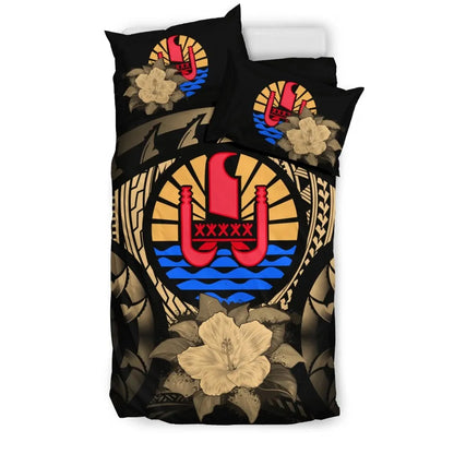 Tahiti Duvet Cover Set - Tahiti Flag & Gold Hibiscus