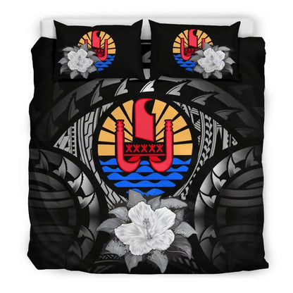 Tahiti Duvet Cover Set - Tahiti Flag & Gray Hibiscus