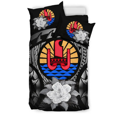Tahiti Duvet Cover Set - Tahiti Flag & Gray Hibiscus