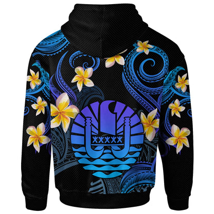 Tahiti Hoodie - Custom Personalised Polynesian Waves with Plumeria Flowers (Blue)