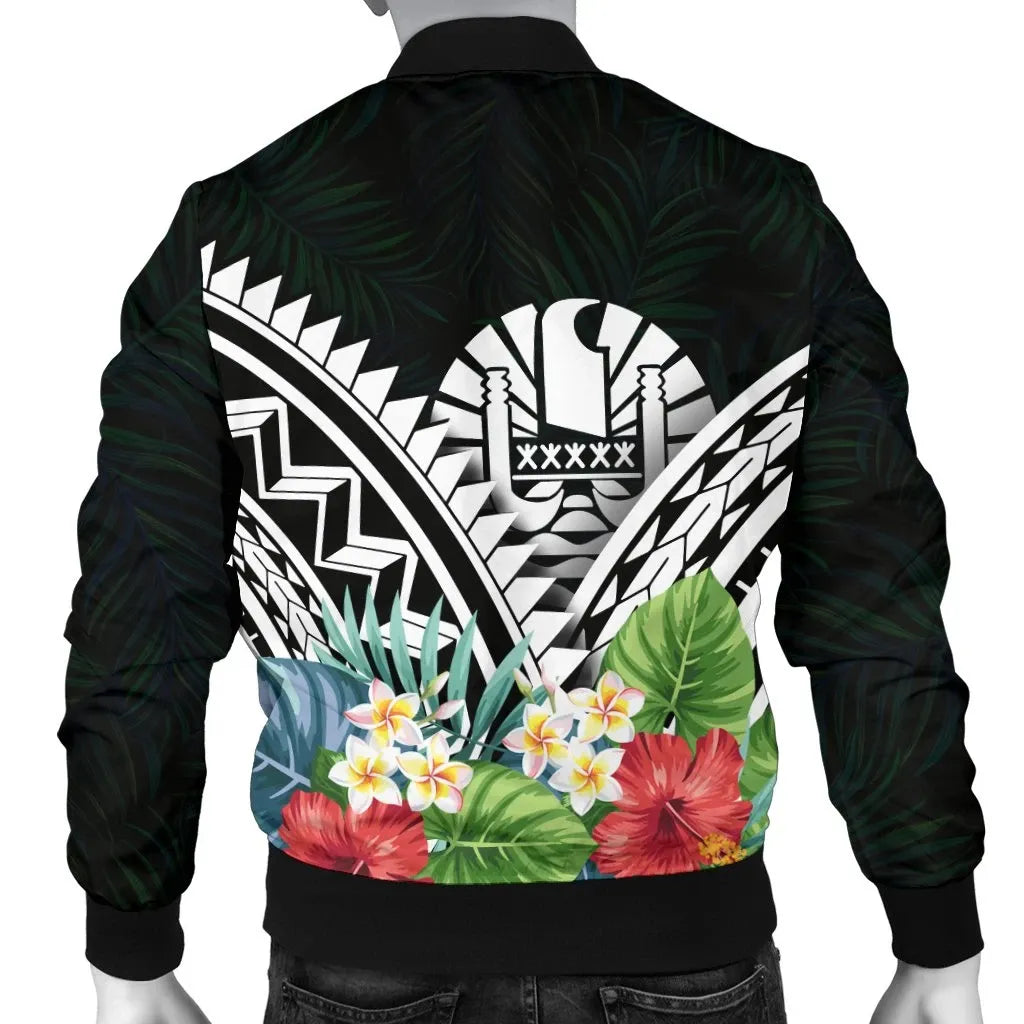 Tahiti Bomber Jacket - Tahiti Caledonia Coat of Arms & Polynesian Tropical Flowers White