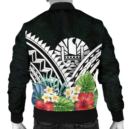 Tahiti Bomber Jacket - Tahiti Caledonia Coat of Arms & Polynesian Tropical Flowers White