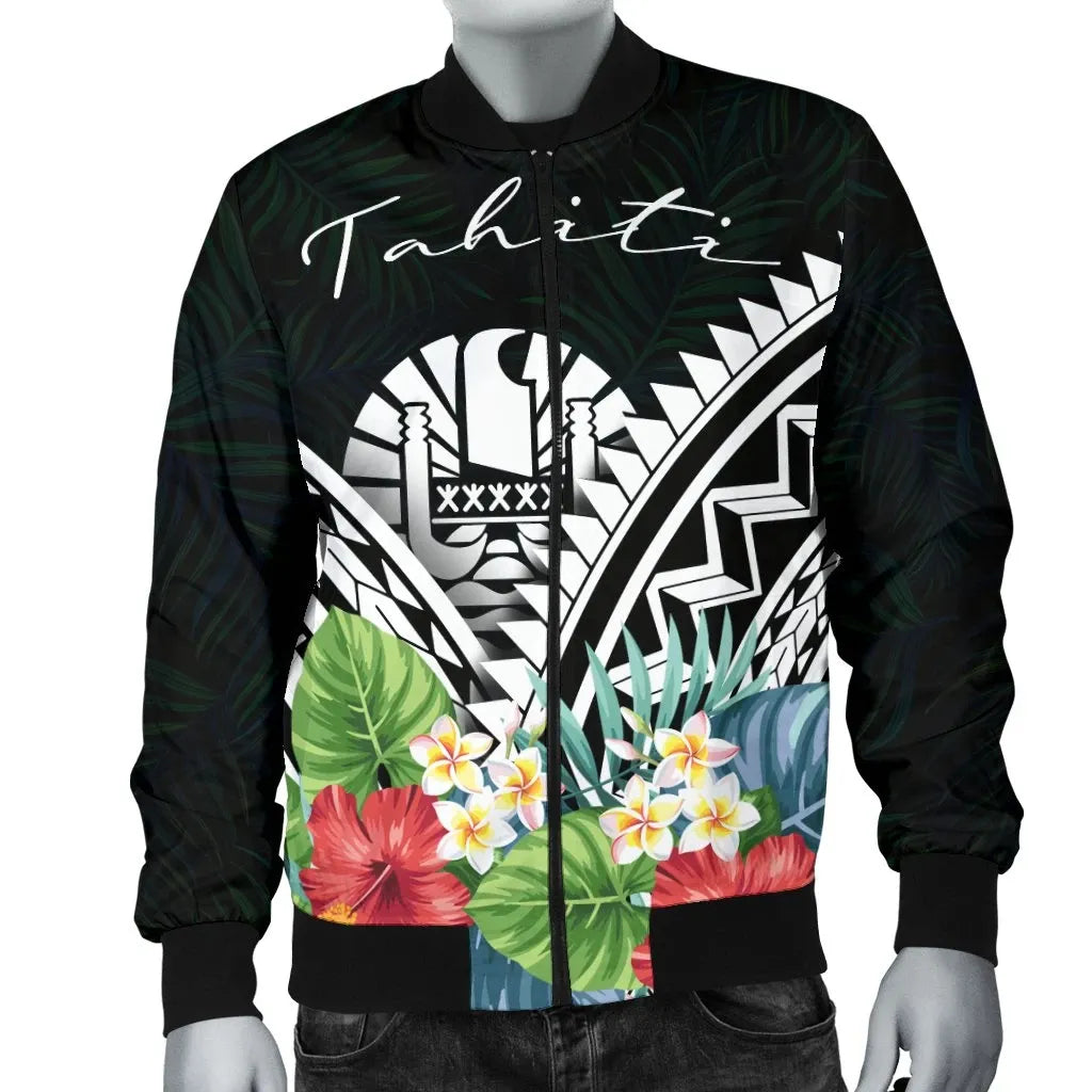 Tahiti Bomber Jacket - Tahiti Caledonia Coat of Arms & Polynesian Tropical Flowers White