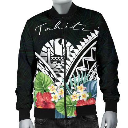Tahiti Bomber Jacket - Tahiti Caledonia Coat of Arms & Polynesian Tropical Flowers White