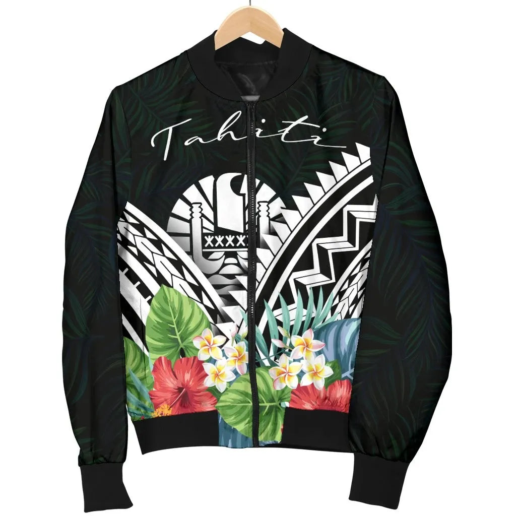 Tahiti Bomber Jacket - Tahiti Caledonia Coat of Arms & Polynesian Tropical Flowers White