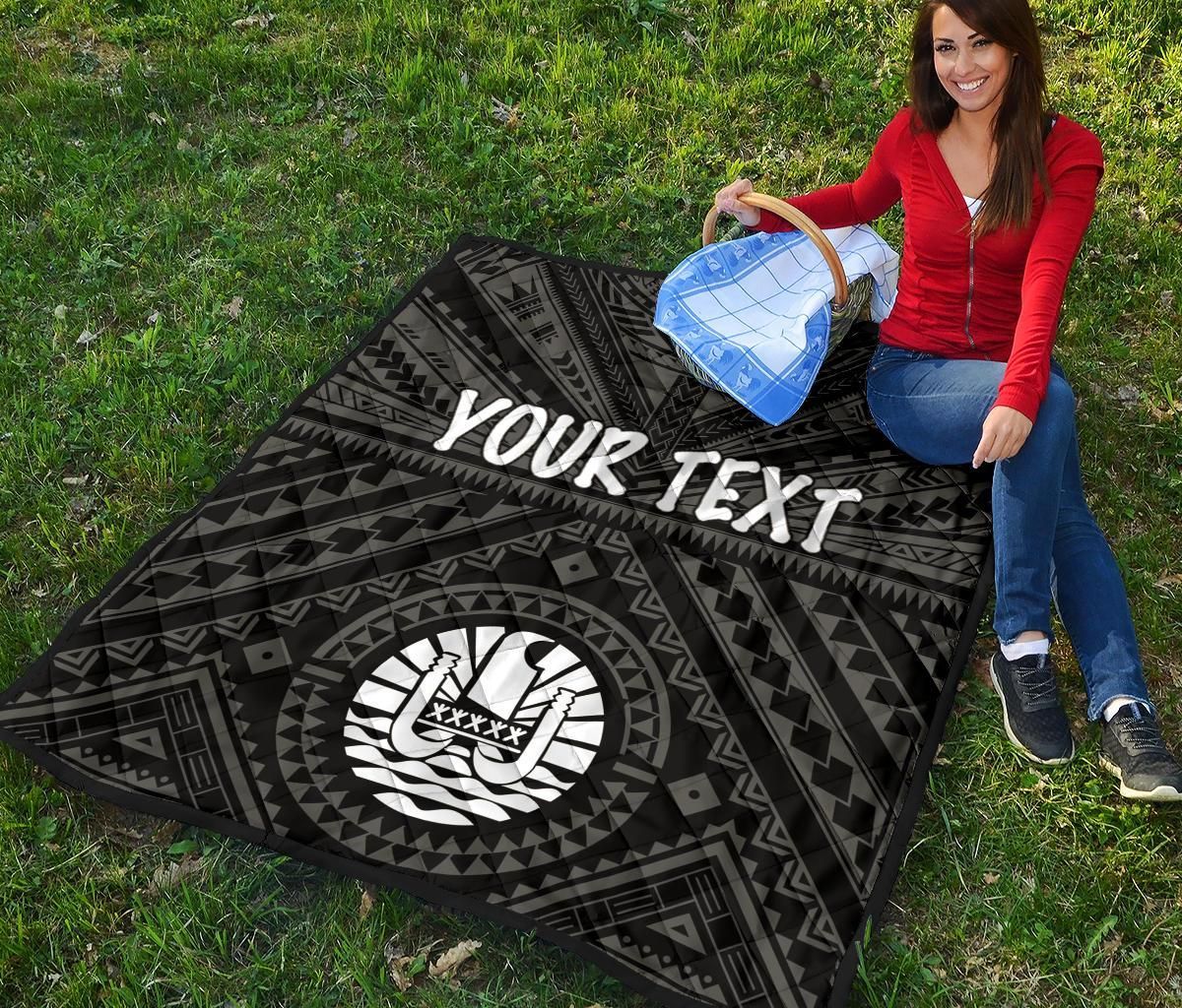 Tahiti Personalised Premium Quilt - Tahiti Seal In Polynesian Tattoo Style (Black)