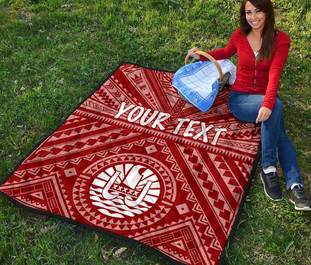 Tahiti Personalised Premium Quilt - Tahiti Seal In Polynesian Tattoo Style (Red)