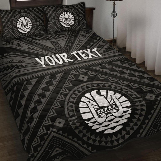 Tahiti Personalised Quilt Bed Set - Tahiti Seal In Polynesian Tattoo Style (Black)