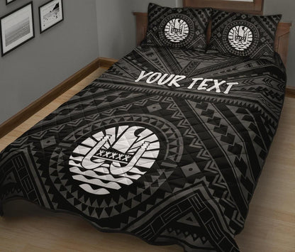Tahiti Personalised Quilt Bed Set - Tahiti Seal In Polynesian Tattoo Style (Black)
