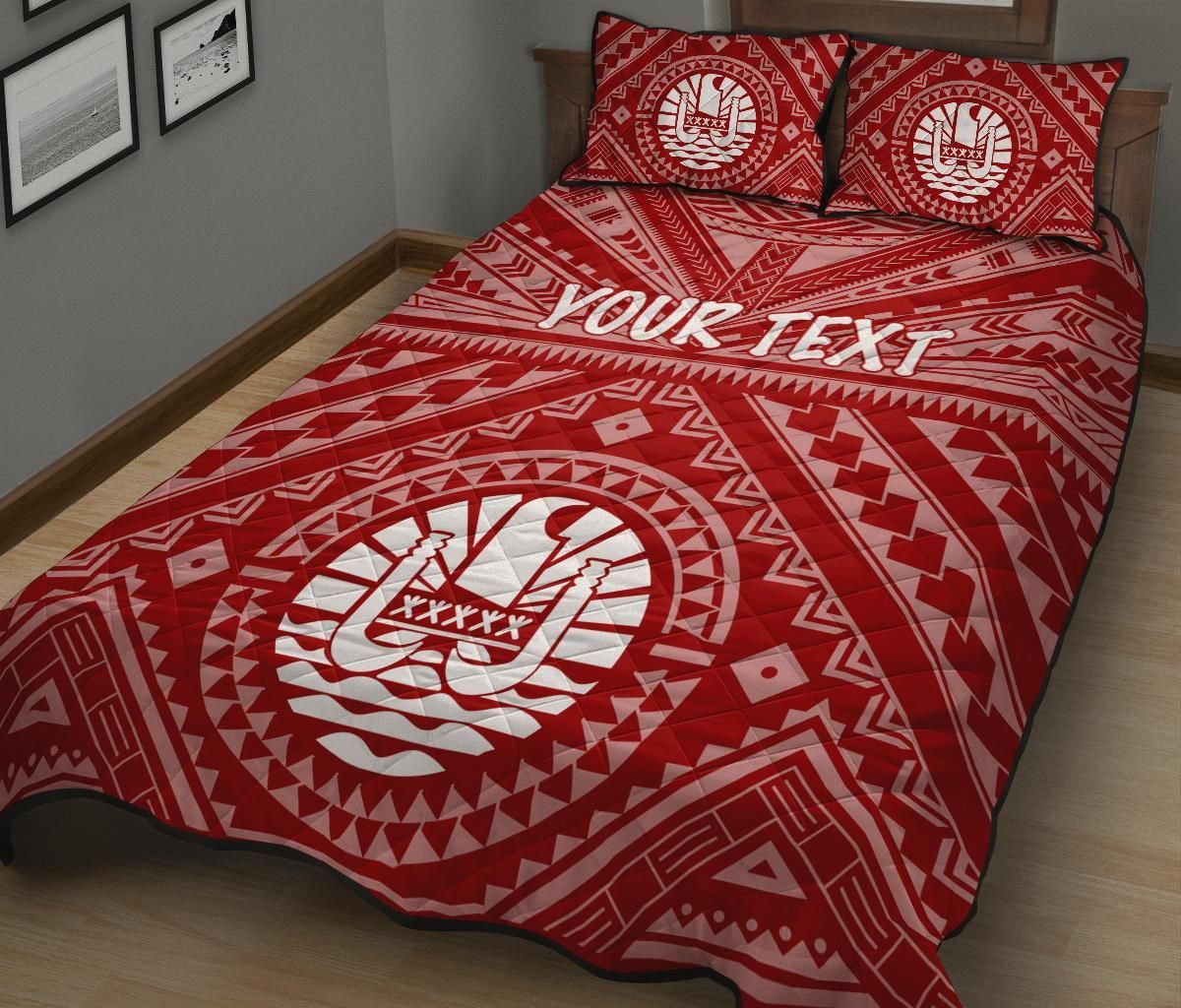 Tahiti Personalised Quilt Bed Set - Tahiti Seal In Polynesian Tattoo Style (Red)