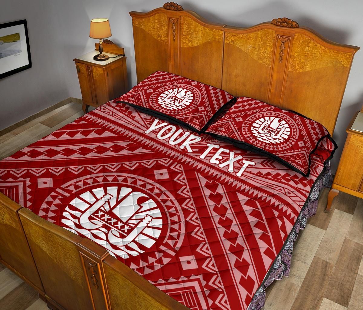 Tahiti Personalised Quilt Bed Set - Tahiti Seal In Polynesian Tattoo Style (Red)