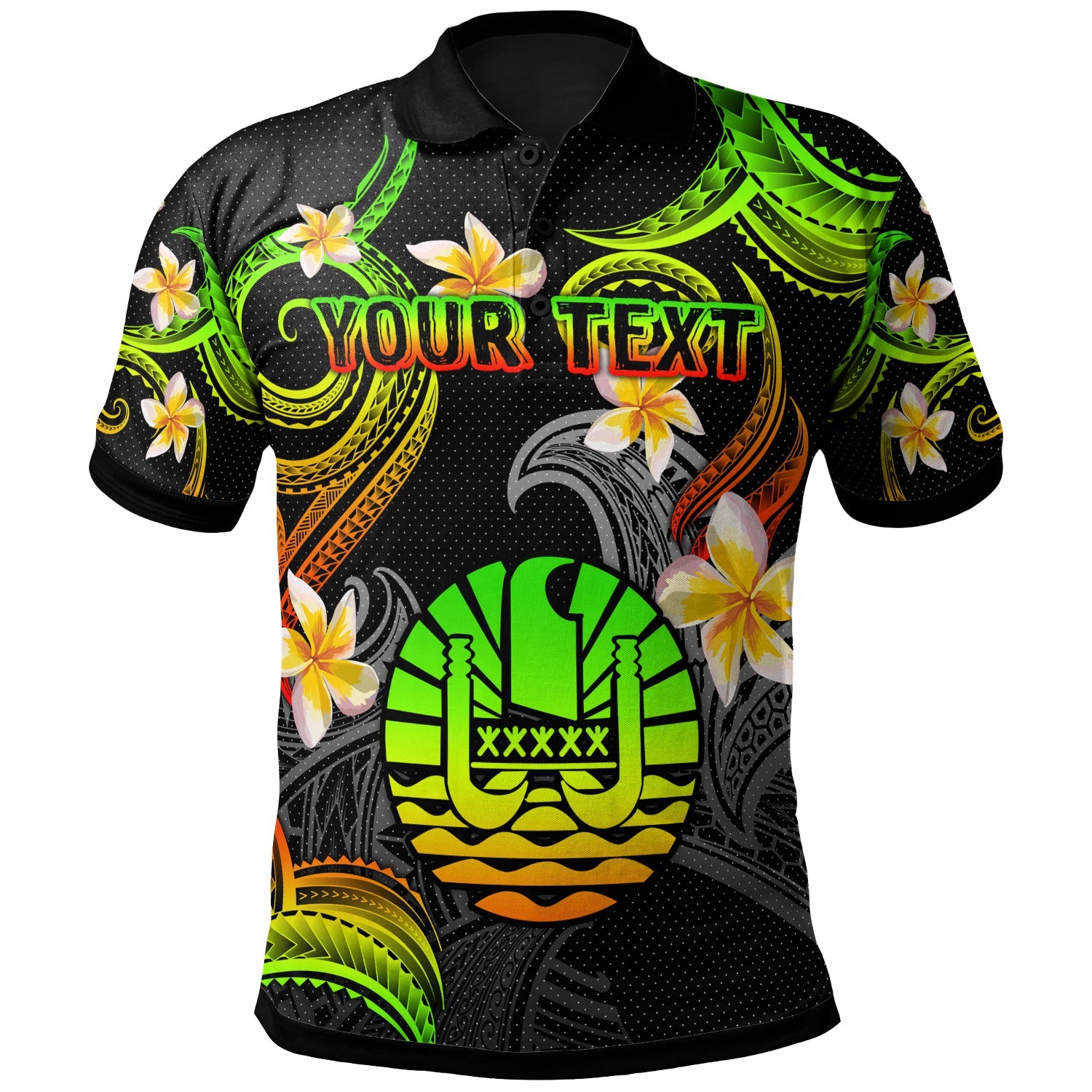Tahiti Polo Shirt - Custom Personalised Polynesian Waves with Plumeria Flowers (Reggae)