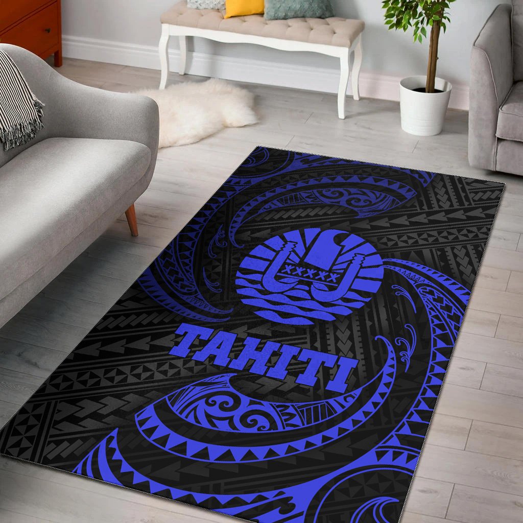 Tahiti Polynesian Area Rug - Blue Tribal Wave