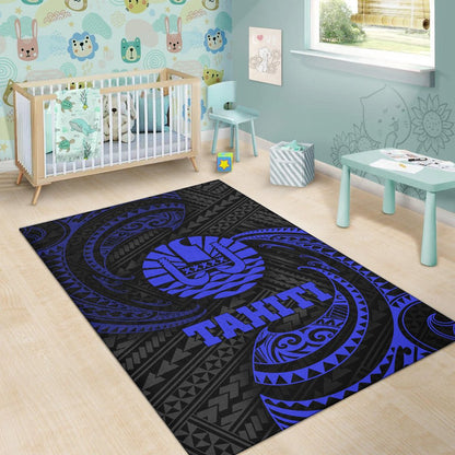 Tahiti Polynesian Area Rug - Blue Tribal Wave