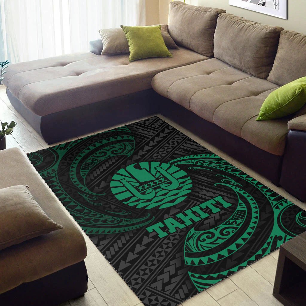 Tahiti Polynesian Area Rug - Green Tribal Wave