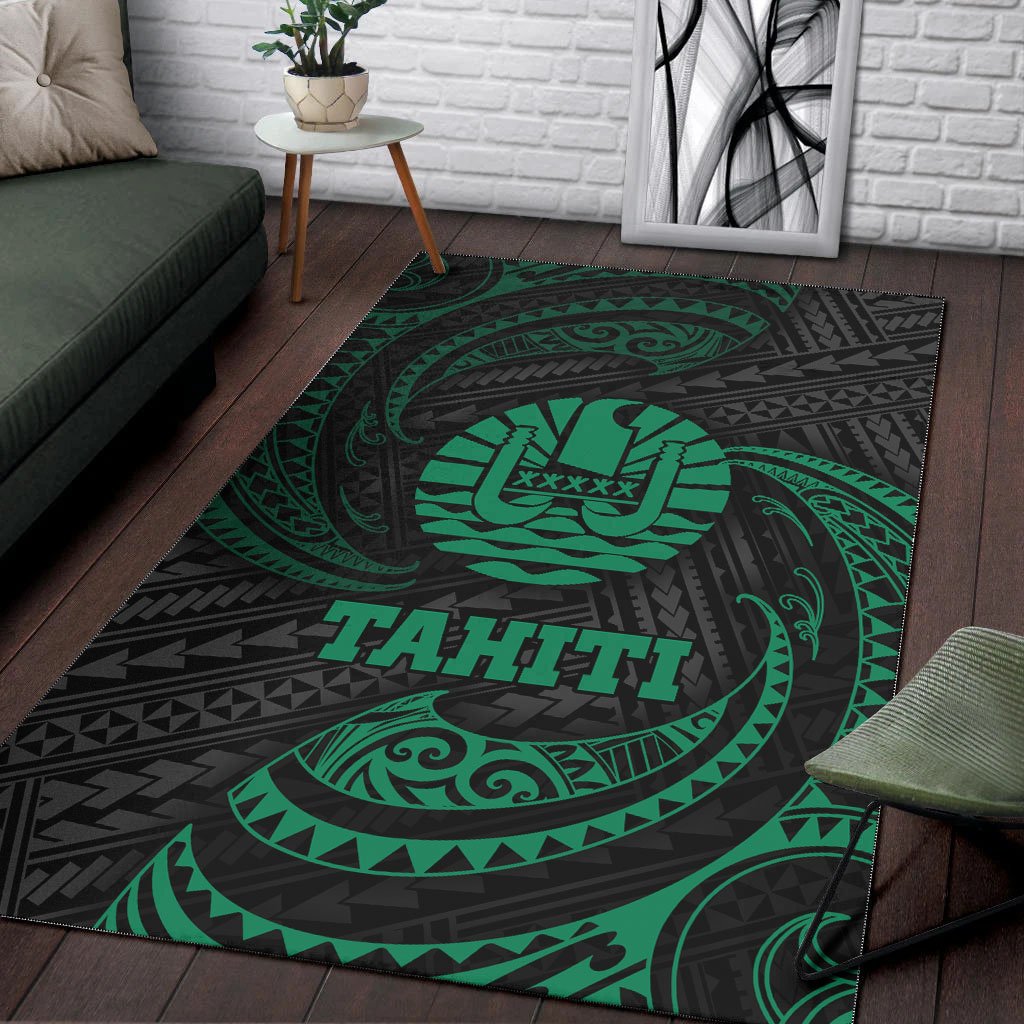 Tahiti Polynesian Area Rug - Green Tribal Wave