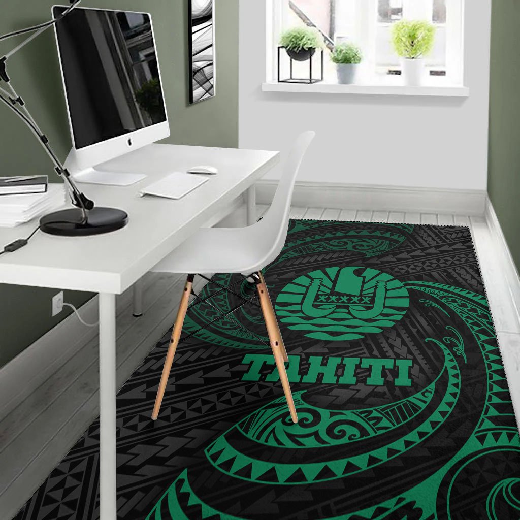 Tahiti Polynesian Area Rug - Green Tribal Wave
