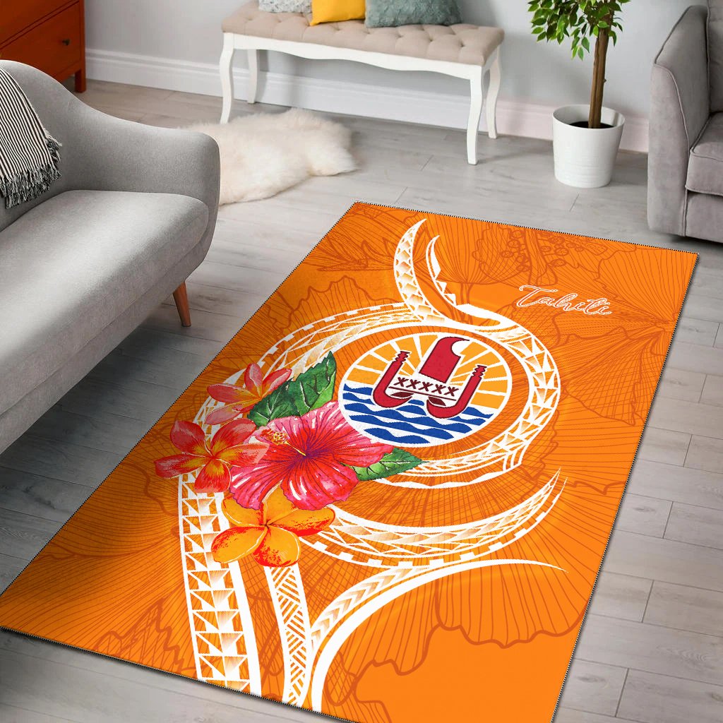 Tahiti Polynesian Area Rug - Orange Floral With Seal