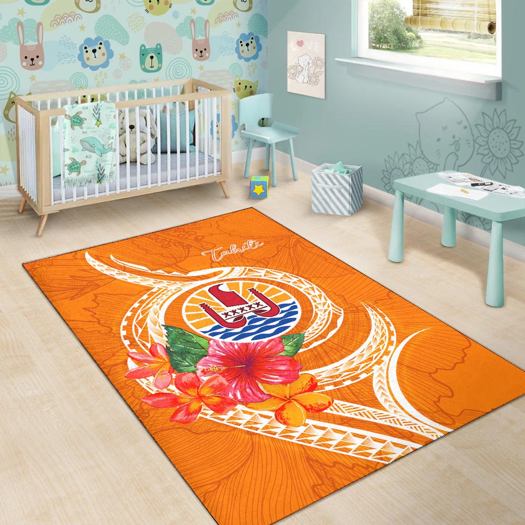 Tahiti Polynesian Area Rug - Orange Floral With Seal