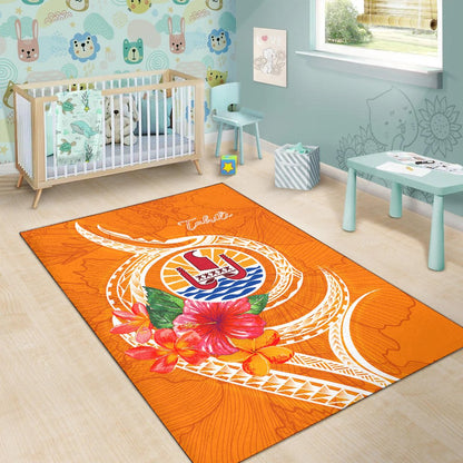 Tahiti Polynesian Area Rug - Orange Floral With Seal