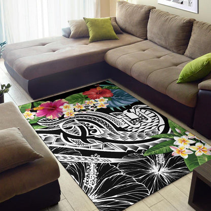Tahiti Polynesian Area Rug - Summer Plumeria (Black)